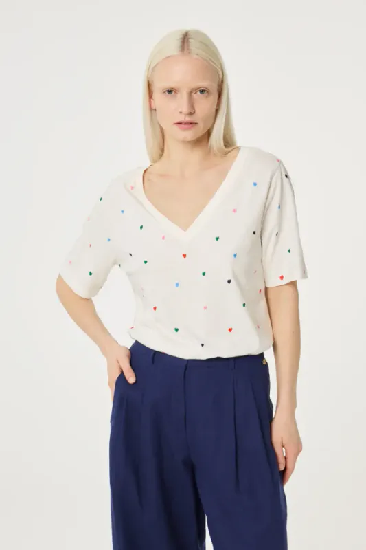 Phil V-Neck T-shirt Cosy White Colorful Heart Fabienne Chapot